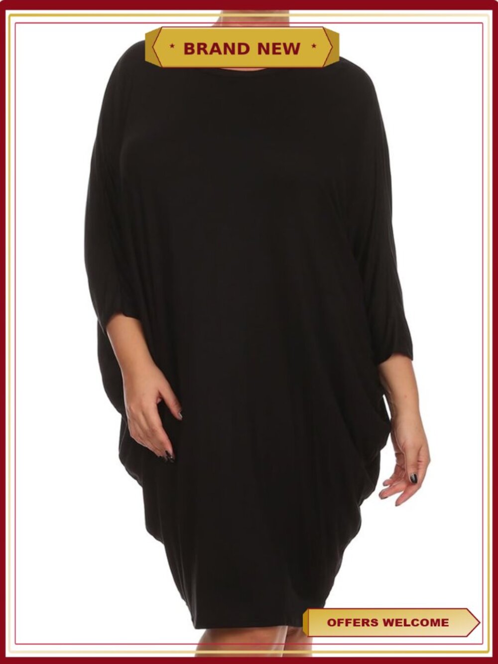 Women's Plus Size Loose Fit Long Sleeve Dolman Midi Dress Casual